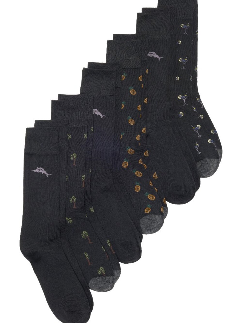 Tommy Bahama 6 Pack Crew Black Socks $82.50 Palms Marlins Martinis Pineapples